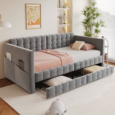 Lit coffre 90x190 avec 2 tiroirs, tissu velours gris HAVRYA (1/5)