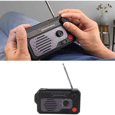Radio de emergencia portátil, solar y manual, AM/FM/WB con luz LED SOS para acampadas y actividades al aire libre (ABS/Aluminio, 15 cm, negro). (1/5)