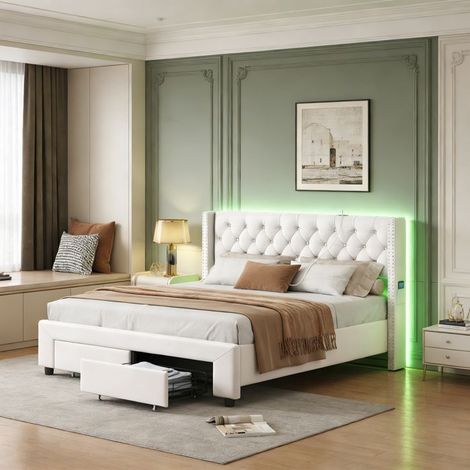 Lit 140x190 cm - POCKETPOP - USB e LED - Moderno - Velluto - struttura letto matrimoniale 140x190 cm - Bianco sporco