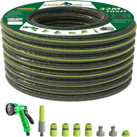 Tuyau d'arrosage flexible de 32 m, tuyau d'eau en PVC de 1,6 cm ID avec 7 types de buses et kit complet, anti-nœuds, design anti-fuite (1/5)