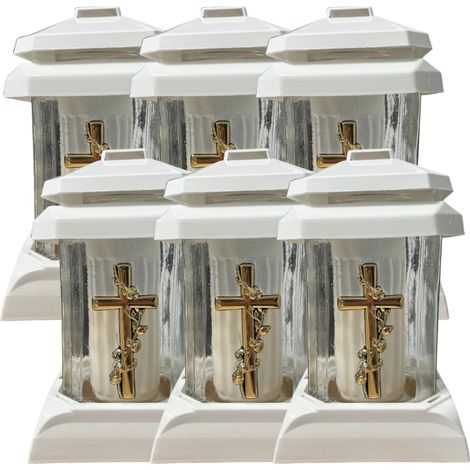 Farol de vela pequeño para capilla con cruz dorada blanca, 6 piezas (1/4)