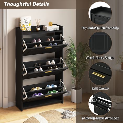 Armoire à chaussures, dimensions : 7024120 cm. L’armoire est équipée de 6 compartiments. Elle peut être placée dans les couloirs, les portes d’entrée,   Couleur : noir.