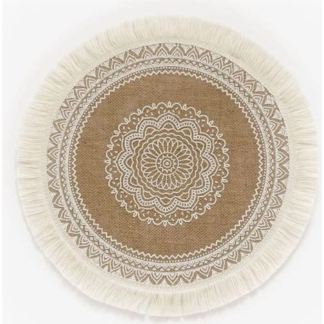 Lot de 4 sets de table ronds imprimés bohèmes – Sets de table en jute avec pompons de 38,1 cm pour décoration de table de salle à manger (1/5)