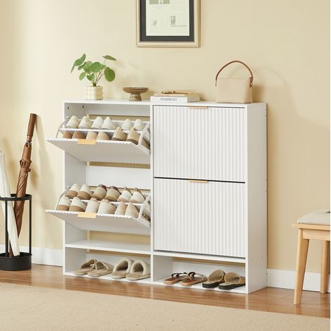 Meuble à chaussures 120x24x102 cm blanc en MDF avec portes abattantes, étagères réglables et dispositif anti-basculement (1/5)