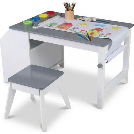 Set de table et tabouret d'art pour enfants, bureau d'activités pour tout-petits avec rouleau de papier et 4 gobelets à peinture pour dessin et apprentissage - gris (1/2)
