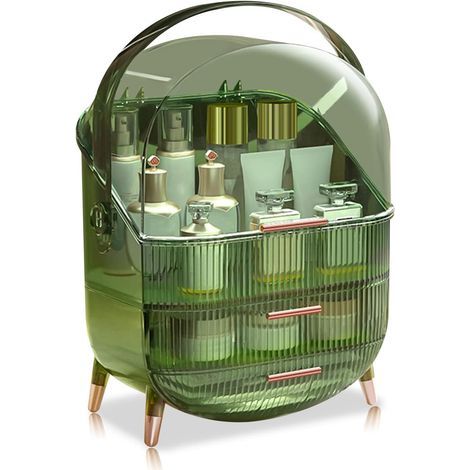 Série RétroGrande Capacité Anti-Poussière Bouteille Haute Organisateur Maquillage Bureau Tiroirs Rangement de Bijoux en Plastique Boîte de Rangement de Cosmétiques Conteneur - Vert rétro (1/5)