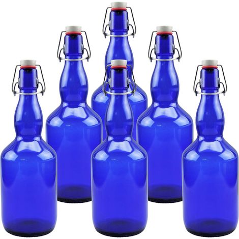 Lot de 6 bouteilles en verre bleu de 0,75 l avec bouchon à étrier en porcelaine, avec étiquettes de sablage (1/5)