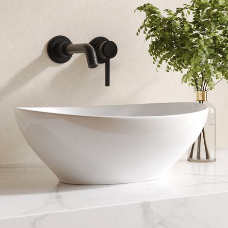 Deervalley – Vasque à poser ovale en céramique blanche 40 x 33 x 14,5 cm – Résistante aux rayures et taches – Pour salle de bain moderne