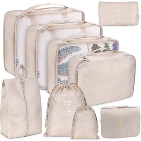 Ensemble de rangement étanche 9 pièces, boîte de rangement pour bagages, sac de rangement, sac de rangement pour vêtements et chaussures-beige (1/5)