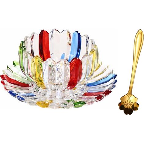Bol à dessert en verre en forme de pétale avec soucoupe et cuillère, bol en verre multicolore de 237 ml (1/5)