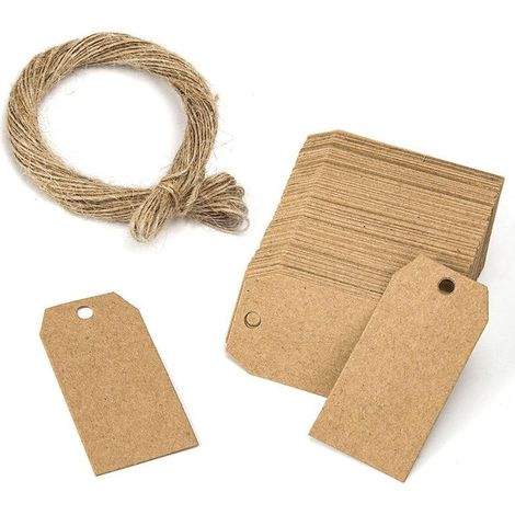 Pack of 100 kraft paper tags - hanging tags with 20 meters of natural jute twine for gifts, weddings, Valentine's Day - 3 x 5 cm, Versailles (1/5)