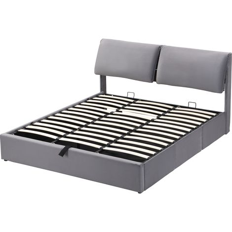 Lit rembourré, 160200, lit hydraulique, trois tiroirs, coffre de rangement, sommier à lattes avec tête de lit, sans matelas, velours, gris (1/5)