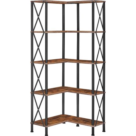 Bibliothèque à 5 Niveaux, Bibliothèque d’Angle, Étagère en L, Organisateur Haut, Présentoir sur Pied, Style Industriel et Vintage, pour Salon, Marron Rustique (1/5)