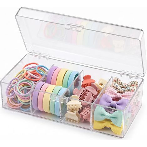 Organisateur d'Accessoires Cheveux pour Filles, Boîte en Acrylique Transparente à Compartiments, Scrunchies et Noeuds Empilable pour Salle de Bain Chambre ou Coiffeuse (4 Compartiment) (1/5)