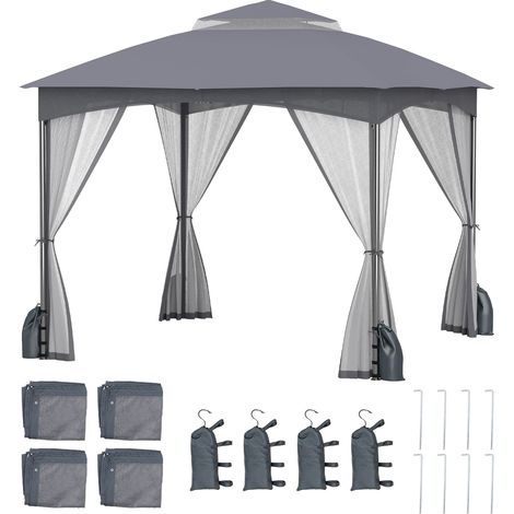 Tonnelle de Jardin 3 x 3 M avec Parois en Filet, Tente de Reception avec Double Toit 4 Sacs de Sable, Gazebo Imperméable, pour Terrasse, Gris (1/5)