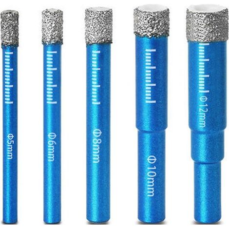 Lot de 5 forets diamantés pour verre, granit, céramique, marbre, carrelage et pierre – Tailles 5, 6, 8, 10 et 12 mm, brasés sous vide pour perçage à sec (1/5)