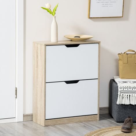 Bois et blanc - Armoire à chaussures fine avec 2 portes rabattables, étagères réglables pour 8 paires, poignée creuse, 62,5x26x81 cm