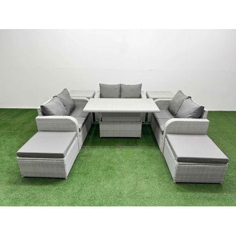 Fimous  8 Seater PE Wicker Rattan Furniture Sofa Sets with Adjustable Lifting Dining or Coffee Table 2 Seater Love Sofa 2 Big Footstool 2 Side Table Light Grey (1/5)