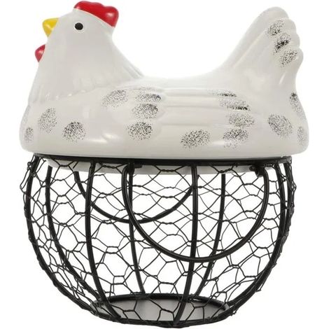 Panier à œufs en céramique en forme de poule, avec poignée en fil de fer blanc, pour le rangement sur le comptoir de la cuisine (1/4)