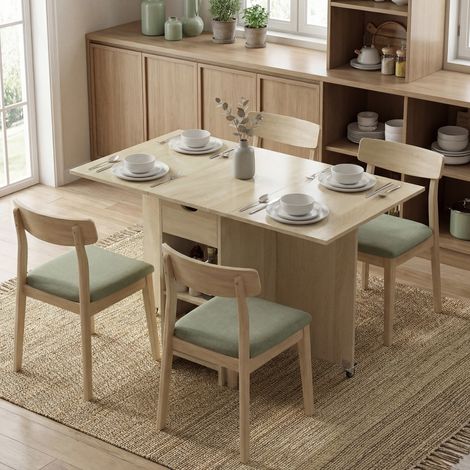 Tavolo da pranzo pieghevole per 2-4 persone, tavolo su ruote con scomparto aperto e cassetto, ideale per piccoli spazi, naturale