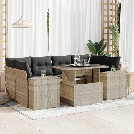 Ensemble de Jardin 7 pièces en Résine Tressée Gris Clair avec Coussins, Table et Sièges Modulaires (1/5)