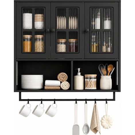 Meuble mural de salle de bain 3 portes en MDF et verre trempé, avec rangement ouvert, porte-serviettes, style moderne pour entrée, salon et couloir - CHICFURN (1/5)
