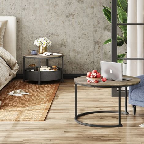 Ensemble de deux sets de table ronds au design moderne avec panier en tissu, diamètre de table 80 cm, idéal pour les chambres et les bureaux, coloris chêne gris. (1/5)