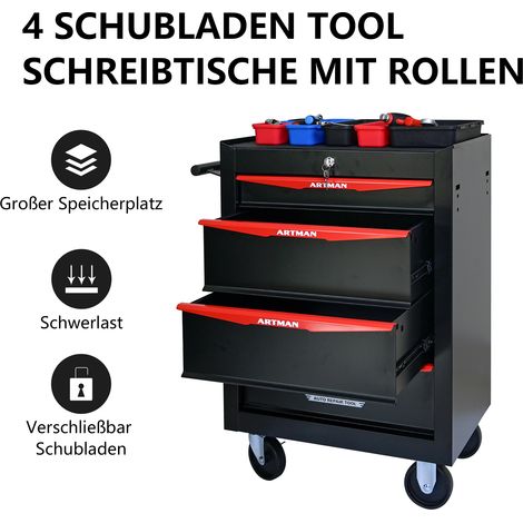 Coffre de rangement roulant en acier noir et rouge, 4 tiroirs sur glissières à billes, 20 pouces, armoire de poitrine métallique pour atelier, organisateur d'outils