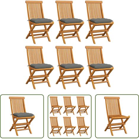 The Living Store Gartenstühle mit Grauen Kissen 6 Stk. Massivholz Teak - Gartenstühle - Teakholzmöbel - Outdoormöbel - Esszimmerstühle - Balkonmöbel (1/5)