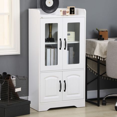 Mobiletto/libreria da soggiorno con ante in vetro, ripiano regolabile, cerniere con chiusura ammortizzata, 60x30x116 cm, bianco.