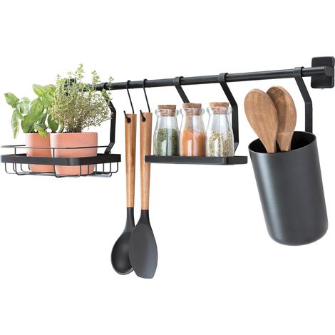 Barre de cuisine (63,8 x 14,5 x 23,8 cm), porte ustensiles de cuisine avec 2 crochets, support pour plantes & étagère à épices, barre de crédence en métal, noir mat