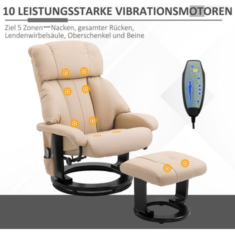 Fauteuil relax inclinable avec repose-pieds, pivotant TV, fonction massage et télécommande, poche latérale, similicuir blanc crème pour salon lounge