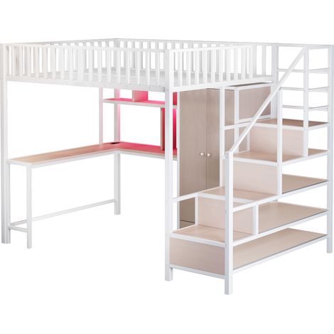 Lit mezzanine en métal 140 x 200 cm avec bureau, étagère, armoire et tiroirs, avec échelle de rangement et garde-corps de sécurité, complet avec prise de charge et éclairage LED, cadre métallique, bla (1/5)