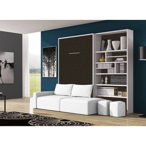 Les Tendances – Lit escamotable 140x190 cm avec canapé et bibliothèque – Ouverture verticale – Matériaux bois et tissu – H 228 x L 154 x P 34.5 cm (1/5)