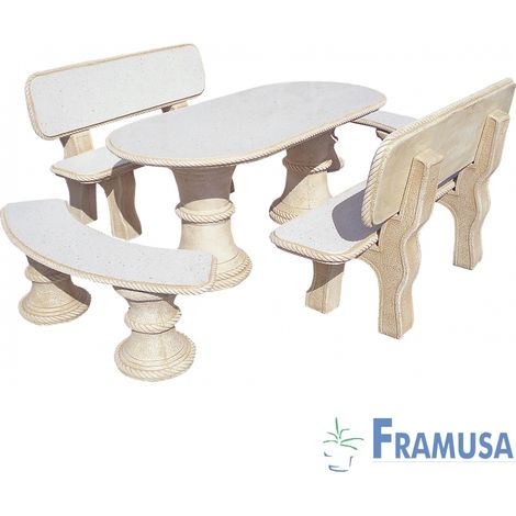 CONJUNTO COMEDOR PIEDRA OVALADO JARDIN OLMO PULIDO OCRE