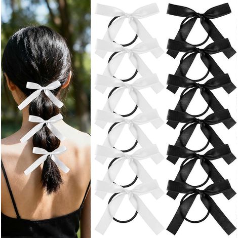 Mabor 12 Stück Haargummis mit Schleife - Schwarze und weiße Haarschleifen, elastische Bänder für Mädchen und Frauen, Haargummis für Bubble Braids und Messy Buns (1/4)