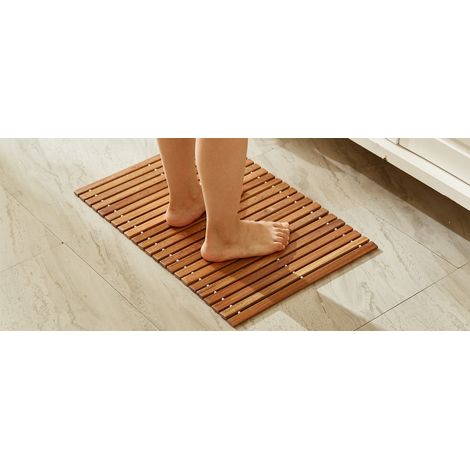 Alfombra de baño de teca – Alfombra de ducha de madera antideslizante con patrón de listones, alfombra de tablones de madera natural para ducha y bañera, de secado rápido y antideslizante (1/5)
