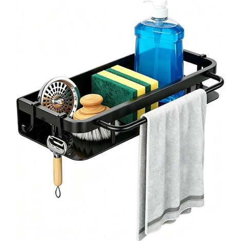 Organisateur Evier Cuisine Noir Acier Inoxydable, Porte Eponge Evier avec Plateau d'égouttage et Porte-Torchon, Rangement Cuisine Mural sans Perçage (1/5)