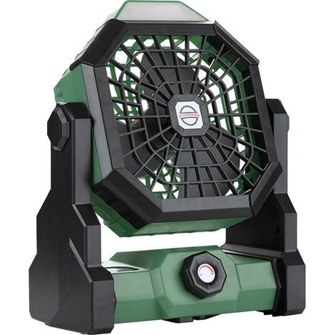 Wiederaufladbarer Ventilator mit variabler Geschwindigkeit, breitem Standfuß, LED-Funktion, leise, aus Kunststoff, tragbar, für den Außenbereich, schwarz und grün. (1/5)