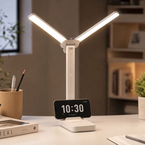 Lampe de Bureau LED Double Tête Pliable, Rechargeable Type-C, Gradation Sans Palier, 3 Températures de Couleur, Norme AA, Support Téléphone Intégré (1/4)