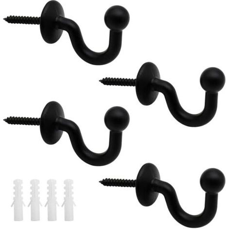 Lot de 4 Crochets Rideaux Embrasses de 61mm en Métal Noir Retenue de Rideaux Muraux Embrasse à Rideau U Design Multifonctionnels pour Rassembler Les Rideaux et Crocher Les Vêtements ou Sacs