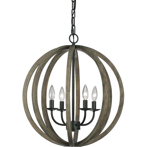 Lampadario Industrial Nordico Allier Legno Rovere Ferro Grigio 4 Luci E14 (1/5)