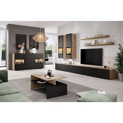Meublorama – Ensemble de meubles de salon 7 pièces – Chêne naturel et noir – Éclairage LED multicolore intégré – Design géométrique contemporain