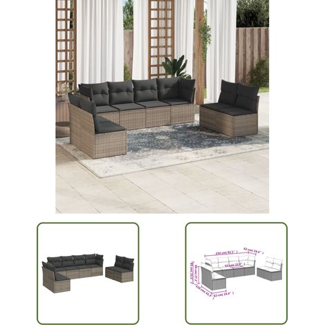 The Living Store 8-tlg. Garten-Sofagarnitur mit Kissen Grau Poly Rattan - Gartenmöbel - Outdoor Möbel - Rattan Sofa - Lounge Set - Gartenlounge (1/3)