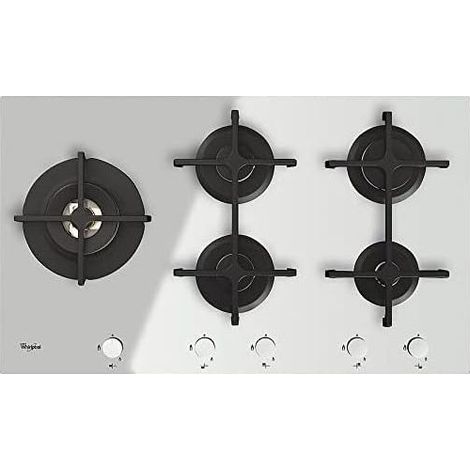 Whirlpool – Plaque de cuisson gaz encastrable 90 cm – 5 brûleurs en fonte – Puissance 12300 W – Commande en haut à l'avant – Blanc (1/2)