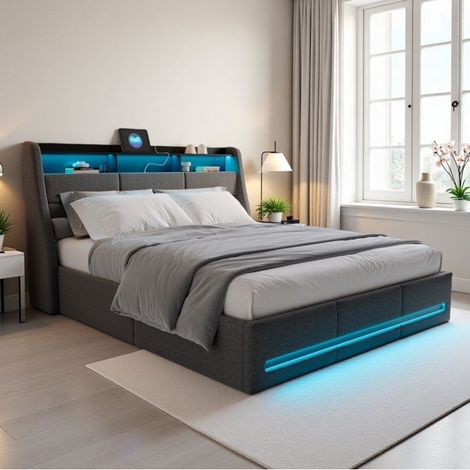 Bettkasten 140x190 cm - TANANT - LED - Leinenstoff - Grau - 2 Plätze