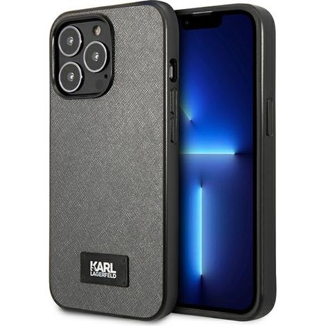 Hülle für iPhone 13 Pro Karl Lagerfeld Saffiano Plakette Silber (1/5)