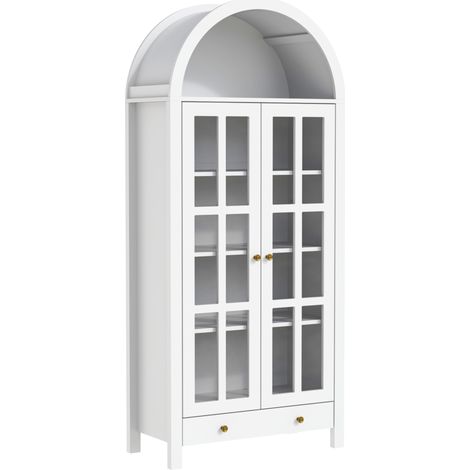 Vetrina ad arco bianca in MDF con ante acriliche, ripiani interni e cassetto, 75 x 35 x 170,5 cm (1/5)