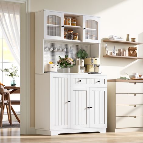 Aparador alto de cocina con vitrina, estantes regulables y panel perforado blanco OKMYHOME (1/5)