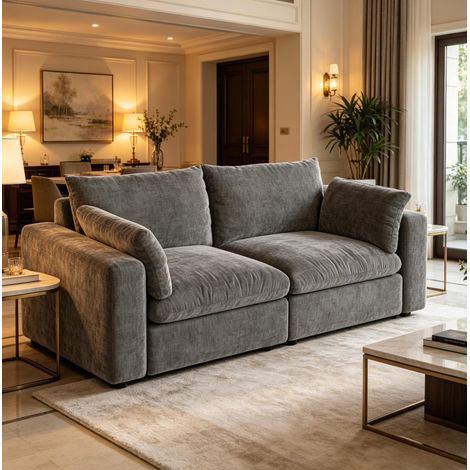 Divano 2 posti 180x91x83 cm grigio modulare, struttura in legno, tessuto ciniglia MEUBLIV (1/4)